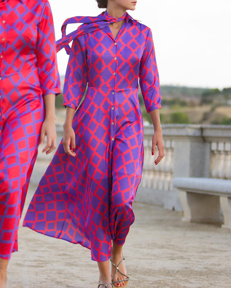 Robe chemise col V manches 3/4
