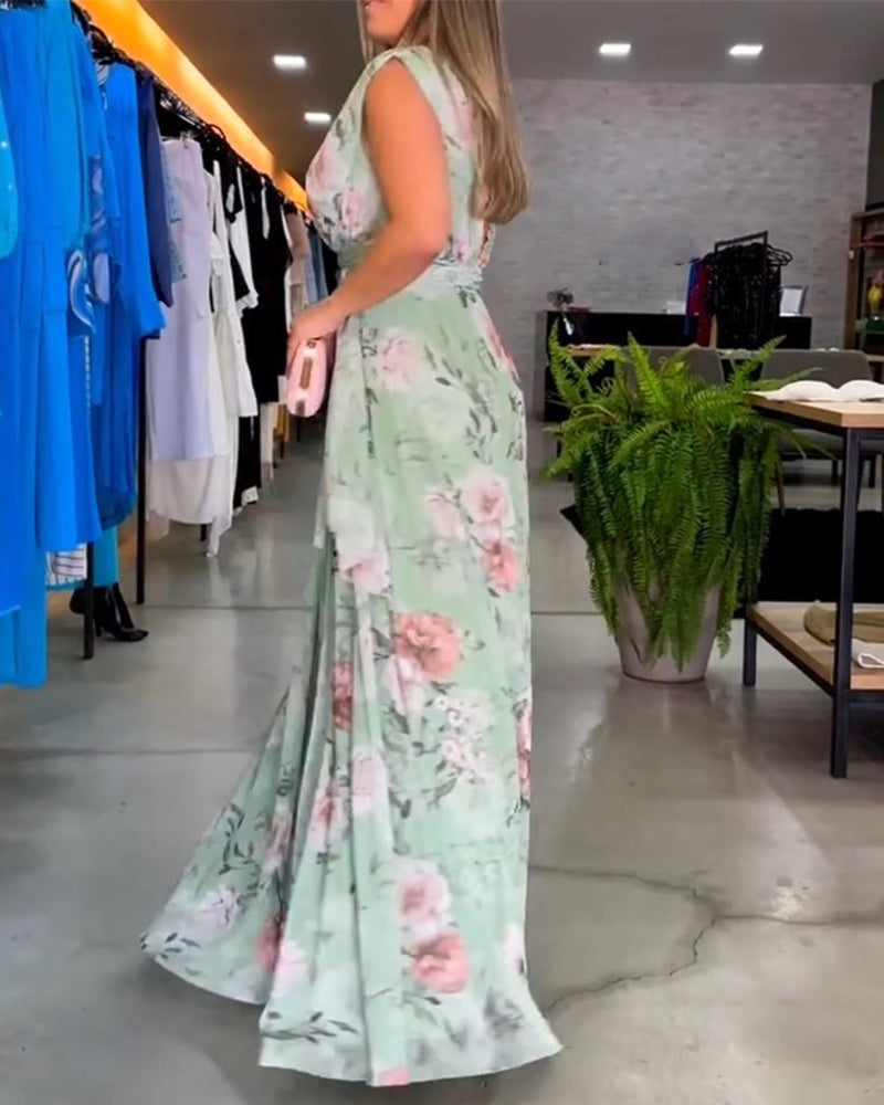 Robe élégante sans manches à col en V et imprimé floral