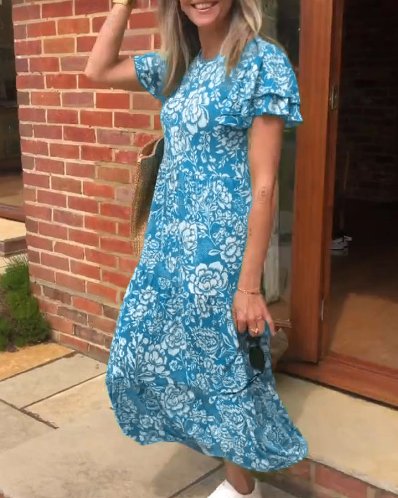 Robe longue à manches courtes imprimée de fleurs