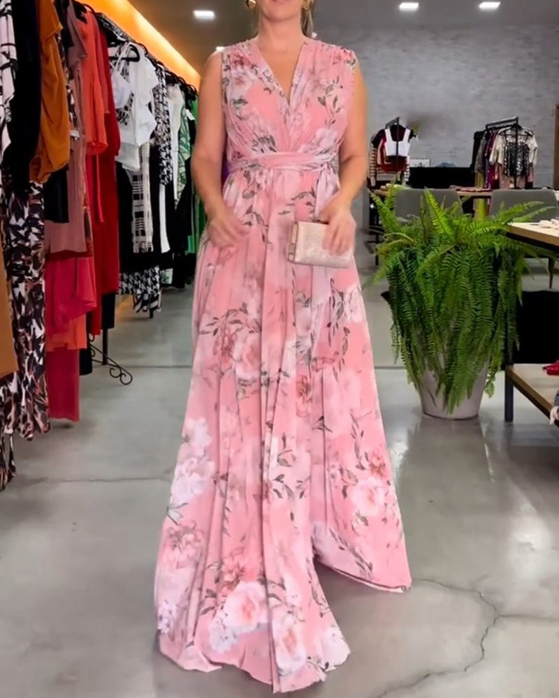 Robe élégante sans manches à col en V et imprimé floral