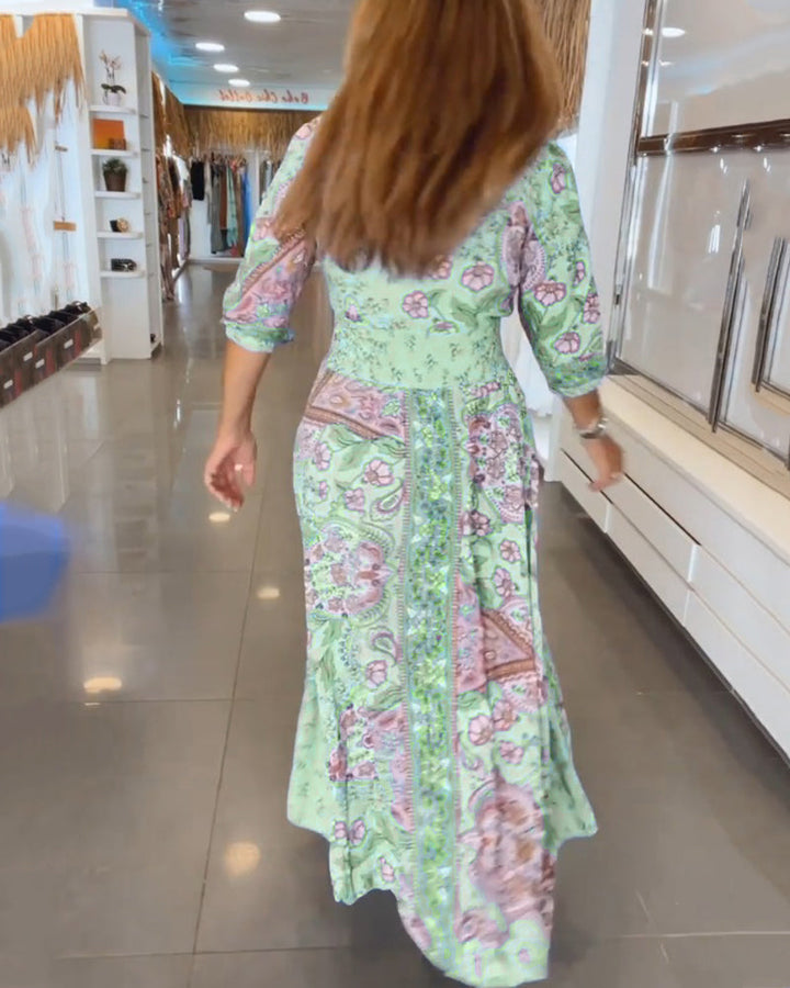 Robe de vacances à col en V et manches 3/4