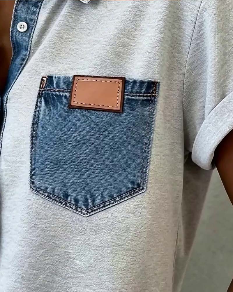 T-shirt patchwork jeans z wywijanym kołnierzykiem