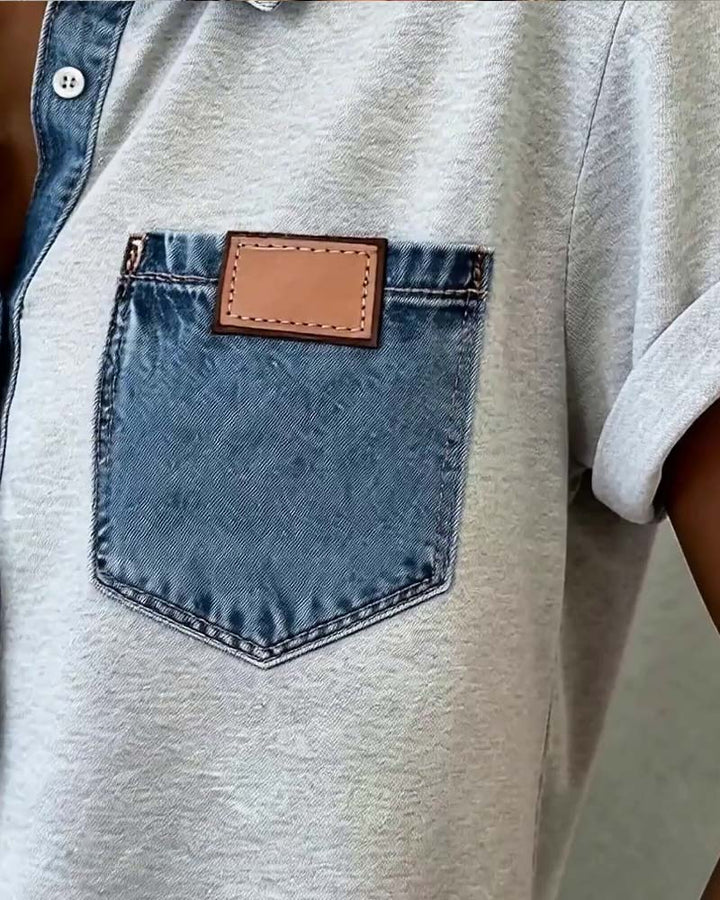 T-shirt patchwork jeans z wywijanym kołnierzykiem
