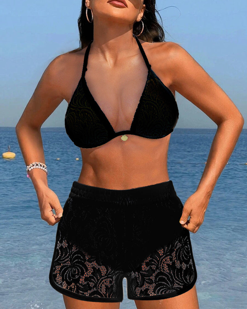 Kamila - Elegancki jednolity zestaw bikini z koronką