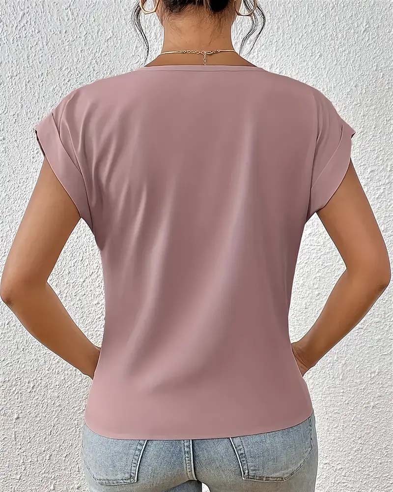 T-shirt Col V Uni Élégant à Manches Courtes