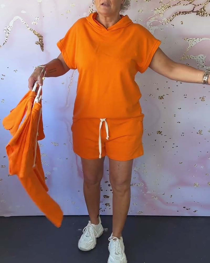 Ensemble ample à capuche et manches courtes de couleur unie