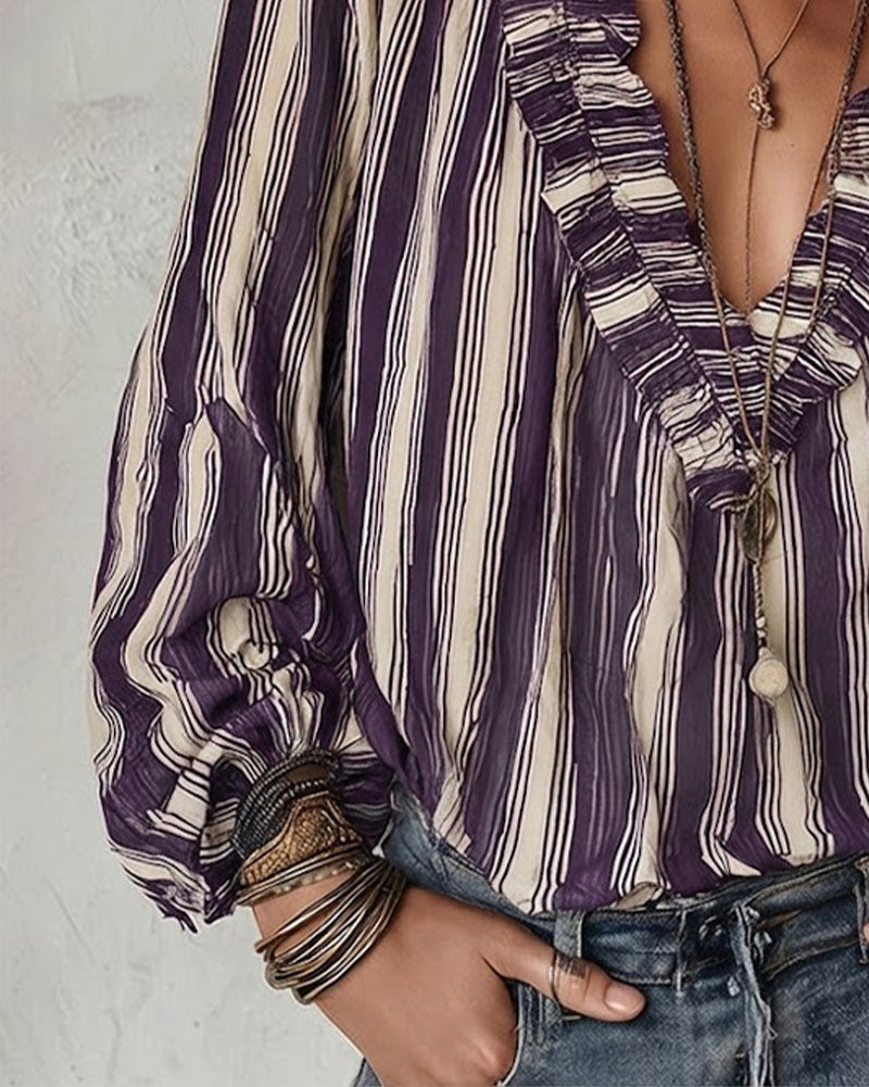 Blouse Profond Col V Rayures Verticales Loose