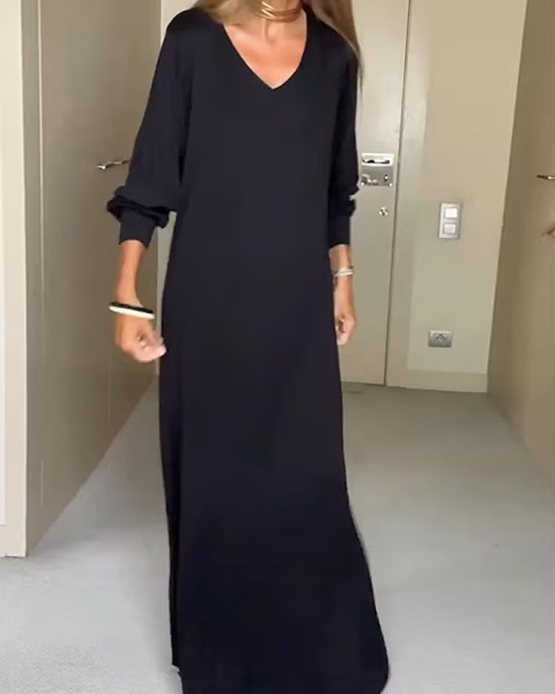 Robe décontractée à col en V de couleur unie