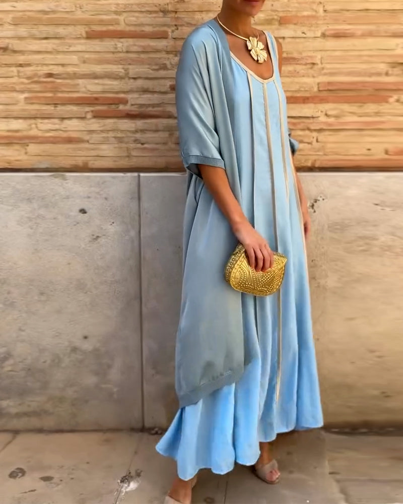 Wzorzysta sukienka maxi z okrągłym dekoltem, dwuczęściowy komplet casual