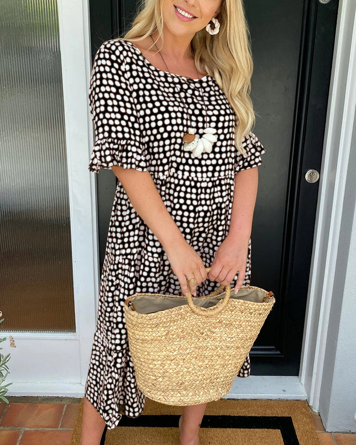 Robe midi col rond imprimé à pois