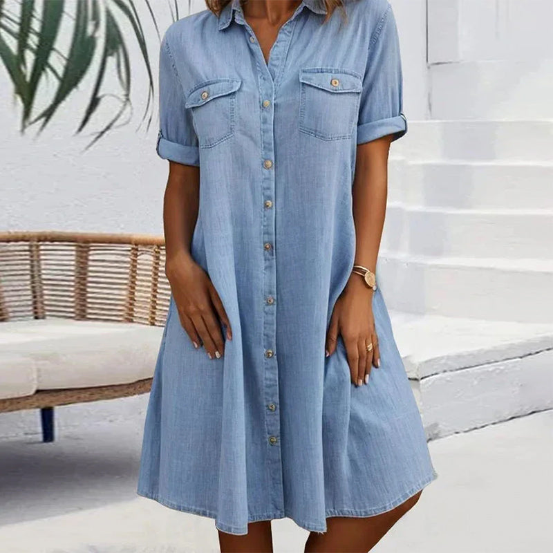 Robe Manches Courtes Col Solide Bouton