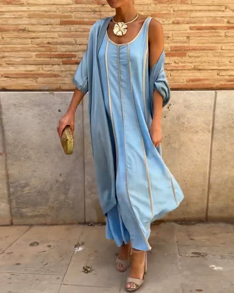 Wzorzysta sukienka maxi z okrągłym dekoltem, dwuczęściowy komplet casual