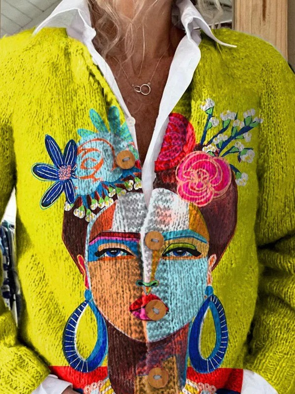 Sweter z malowanym portretem i guzikami