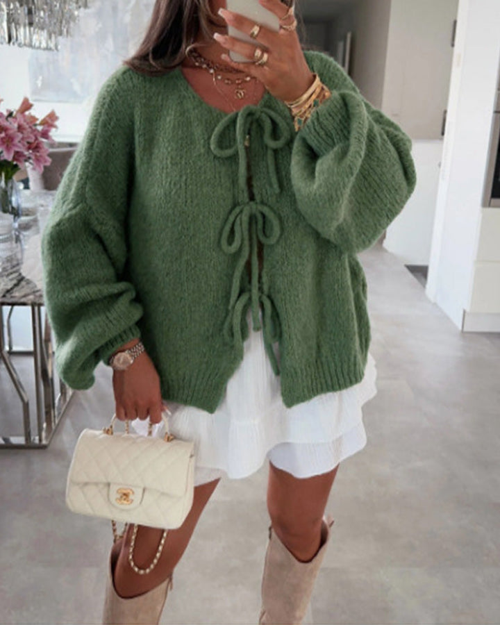 Cardigan à lacets de couleur unie de style paresseux