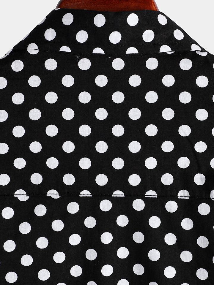 Męska Bawełniana Koszula Krótki Rękaw w Czarne Groszki na Lato z Kieszenią