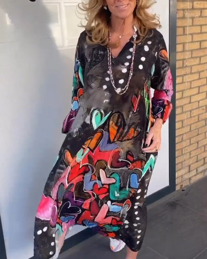 Robe à col en V à imprimé cœur avec manches longues