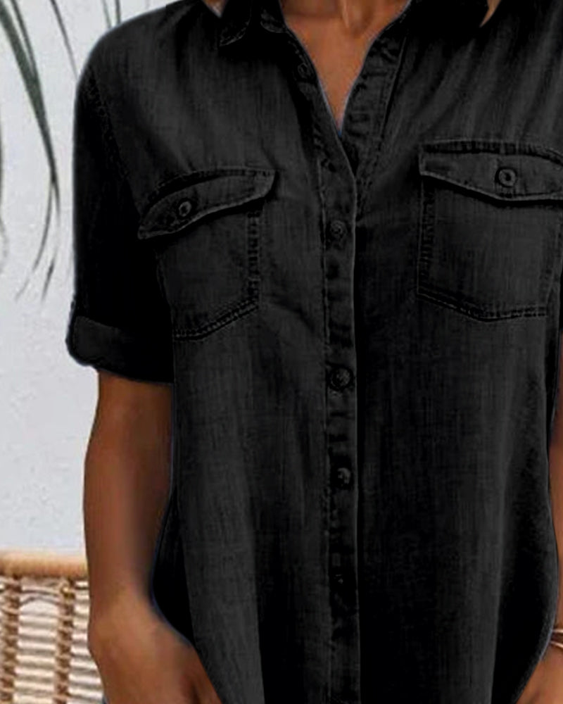 Robe Manches Courtes Col Solide Bouton