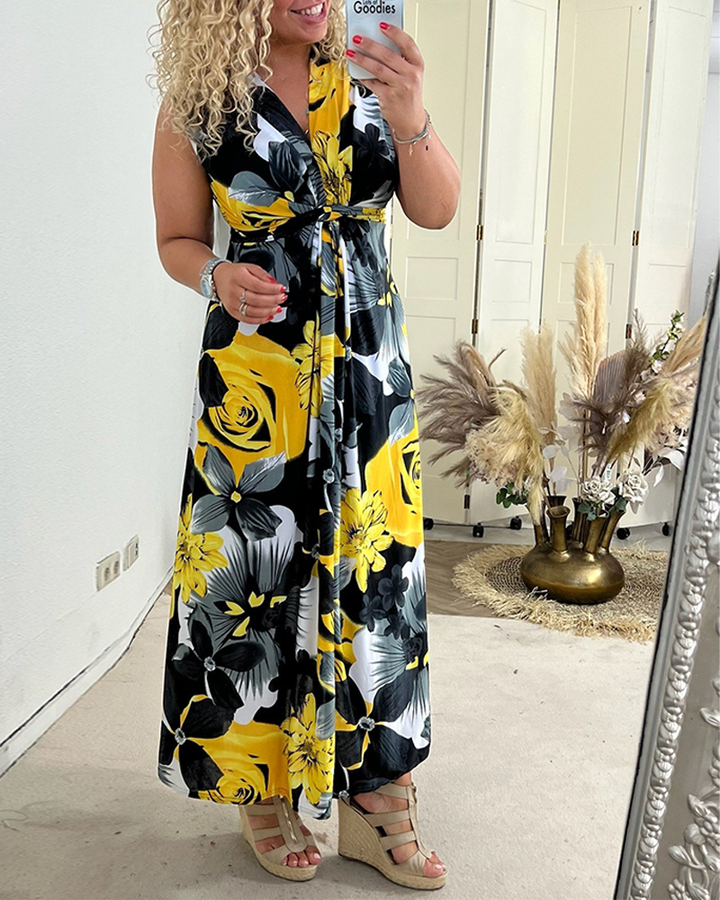 Robe élégante plissée sans manches à imprimé floral