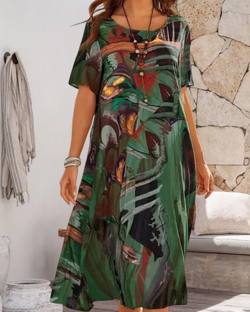 Robe droite à col rond et imprimé géométrique