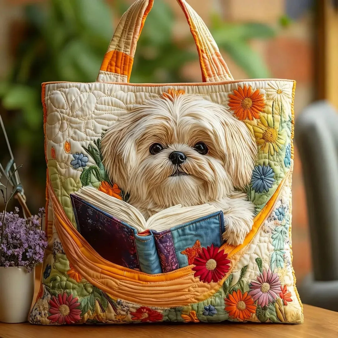 Torba ręcznie robiona - Shih Tzu z książkami i kwiatami