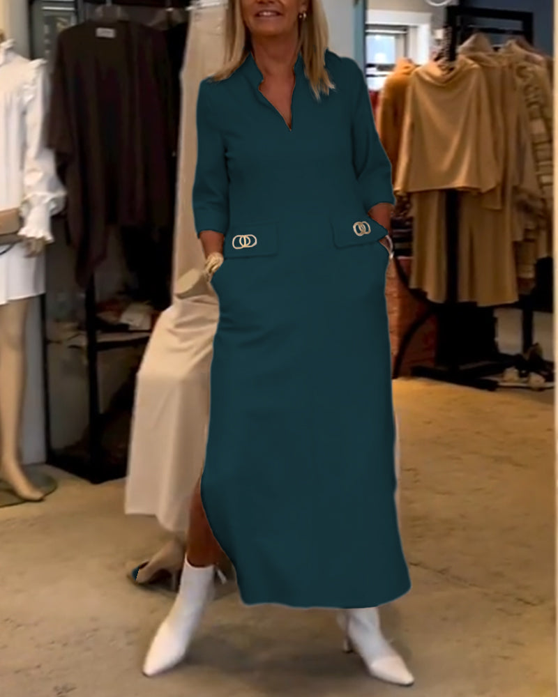 Robe fendue à manches 3/4 de couleur unie