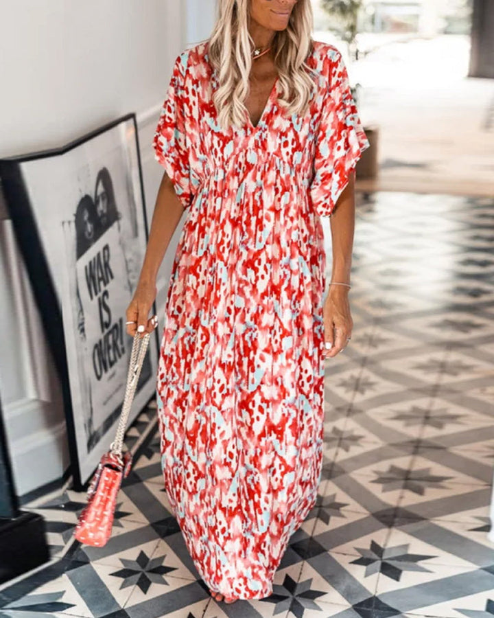 Robe tendance à col en V imprimée à manches courtes