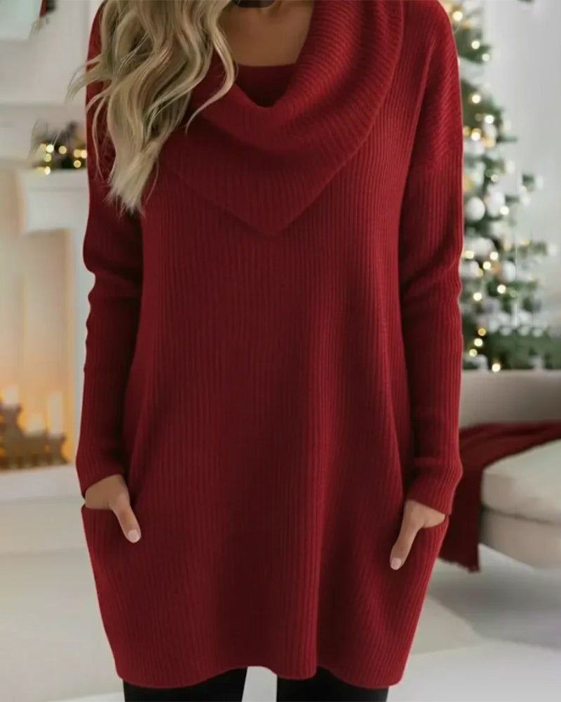 Robe-Chandail Unie À Col Roulé Et Poche