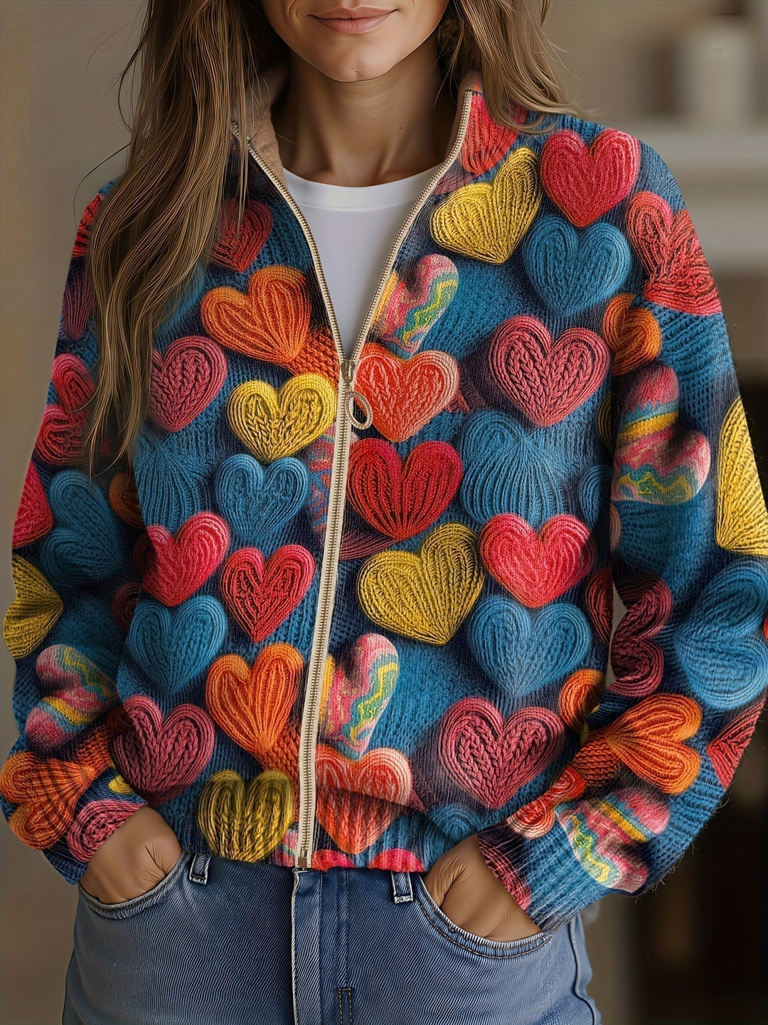 Cardigan zippé multicolore en forme de cœur