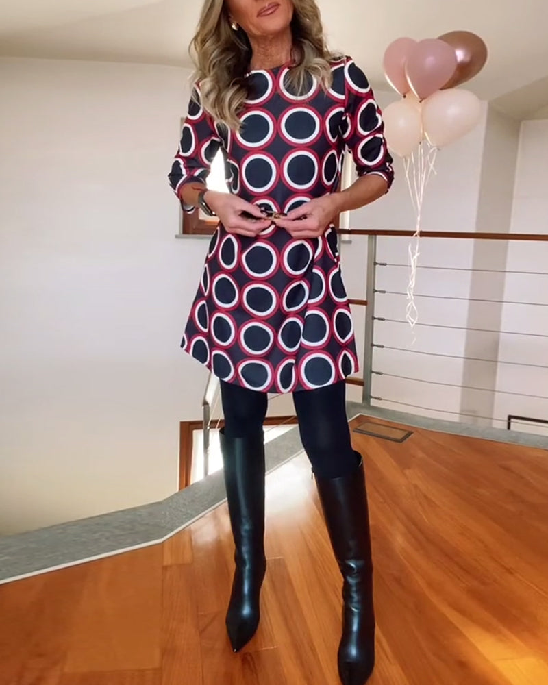 Robe décontractée à col rond et imprimé cercles