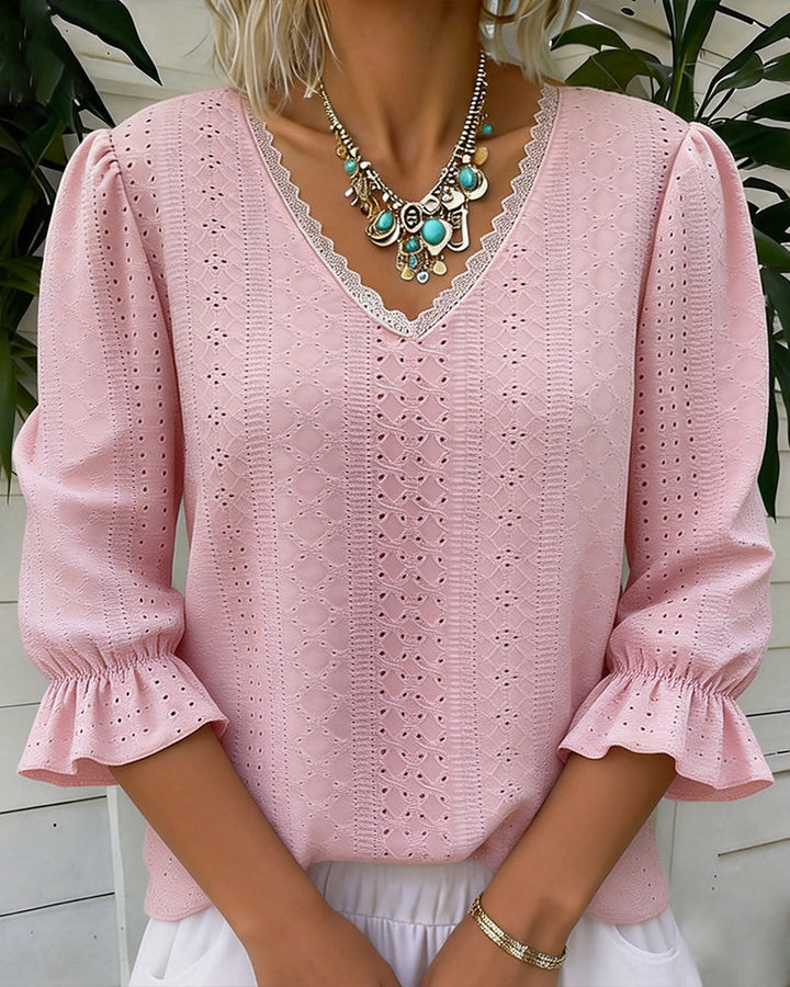 T-shirt Élégant Col V Dentelle Découpe
