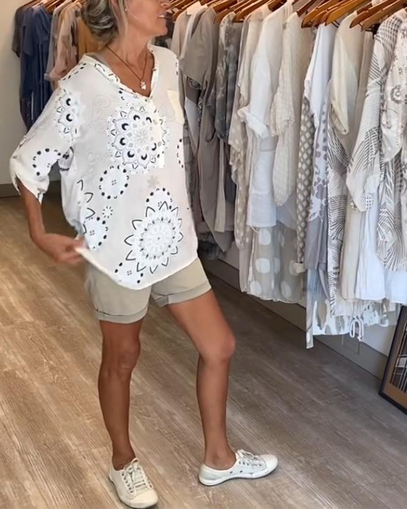 Blouse Polyvalente Col En V Imprimée Manches Mi-Longues