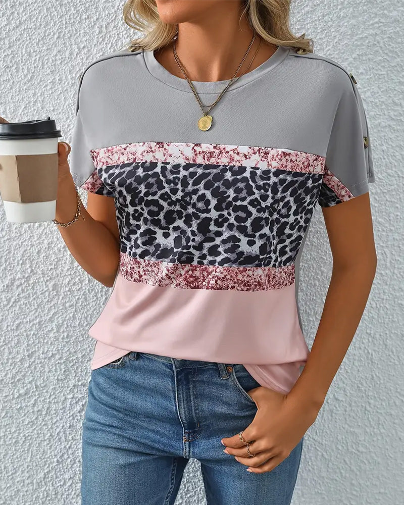 T-shirt z okrągłym dekoltem i nadrukiem w panterkę color block