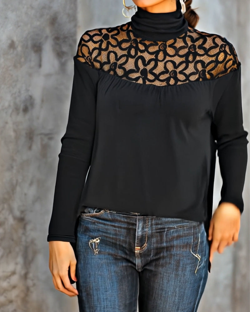 Haut Col Roulé Dentelle Sheer Tricot