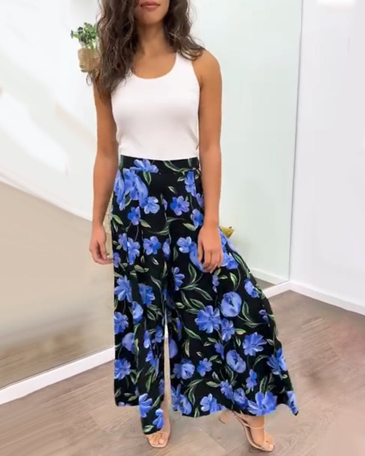 Pantalon large taille haute à imprimé floral