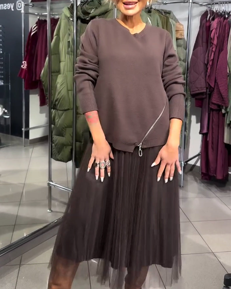 Ensemble Stylé Avec Pull À Col Rond Et Détail Zippé