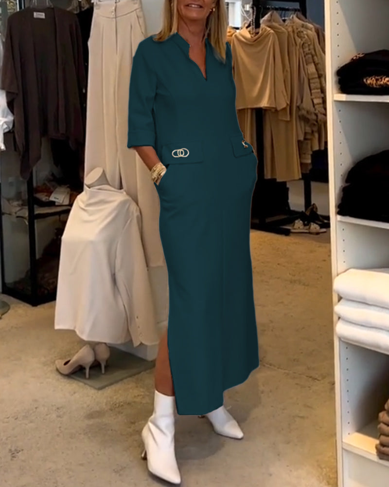 Robe fendue à manches 3/4 de couleur unie