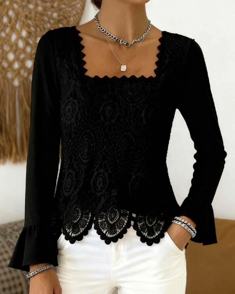 Blouse Crochetée À Encolure Large Et Détails Patchwork