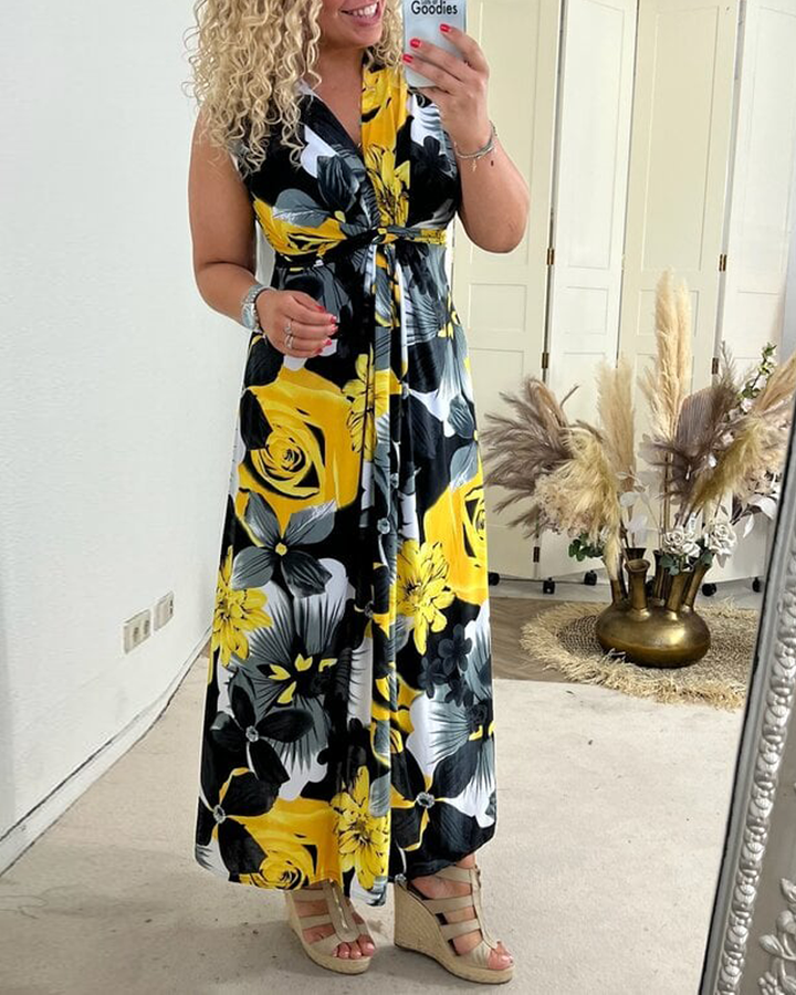 Robe élégante plissée sans manches à imprimé floral
