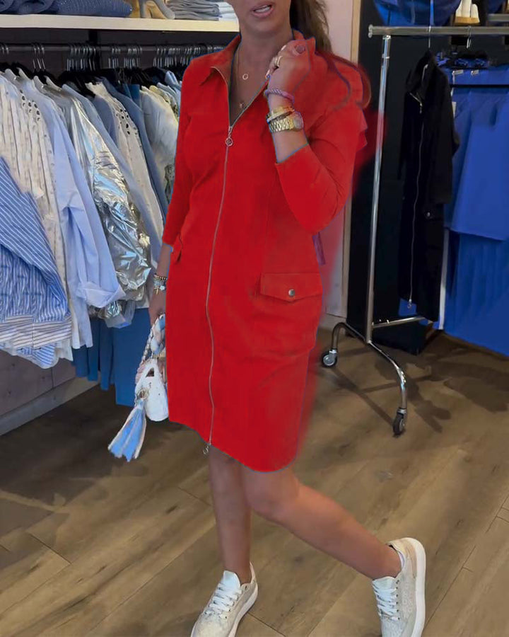 Robe Col Unie Fermeture Éclair Manches Longues