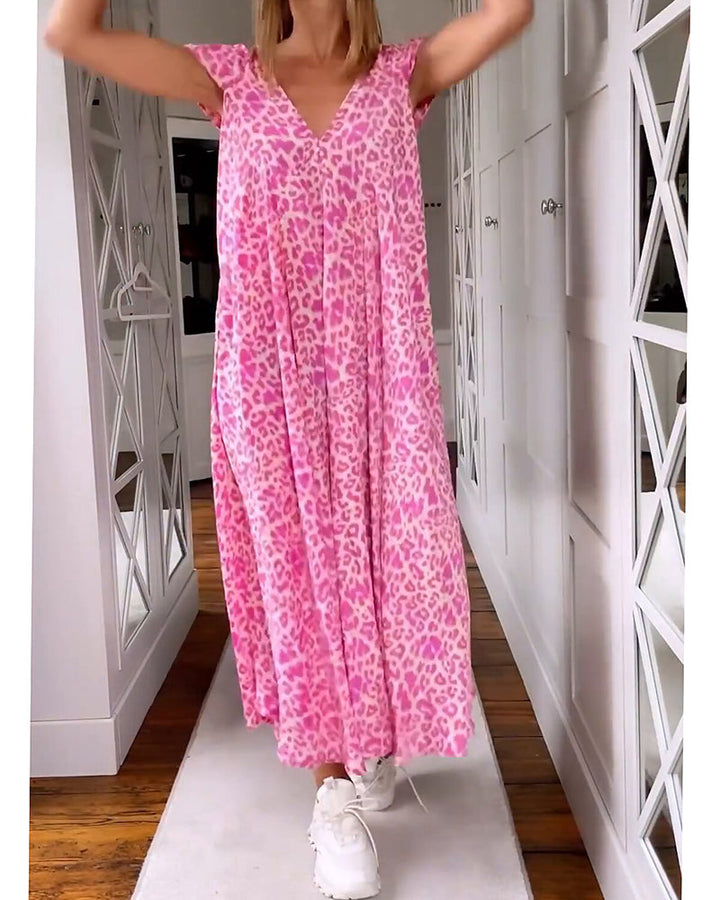 Robe longue col V en imprimé à manches courtes