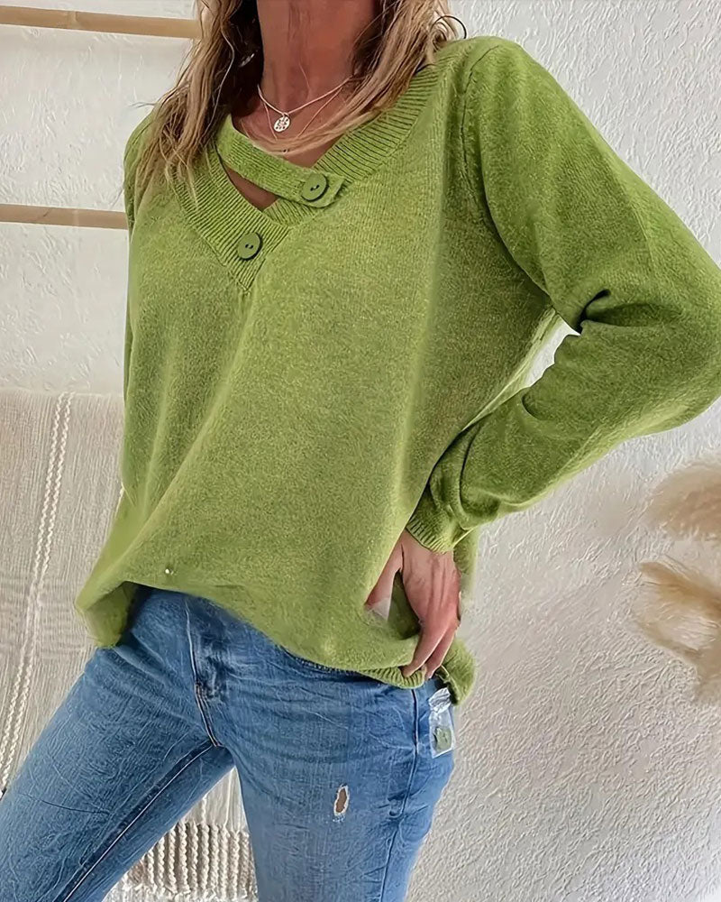 Sweter z dekoltem w serek na guziki jednolity