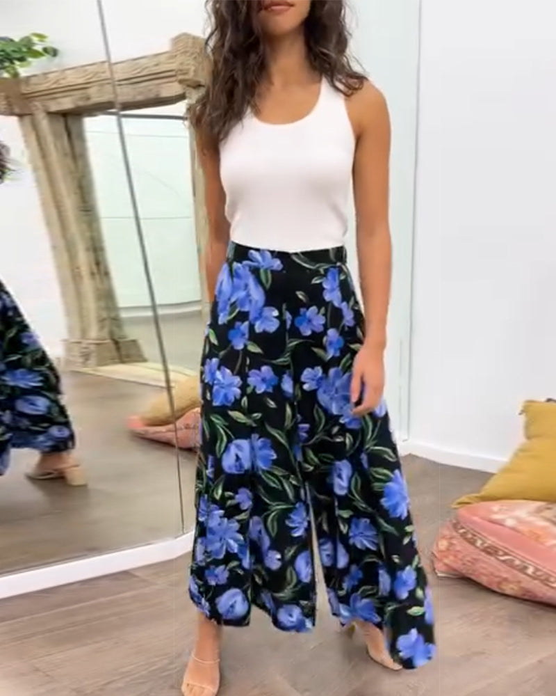 Pantalon large taille haute à imprimé floral