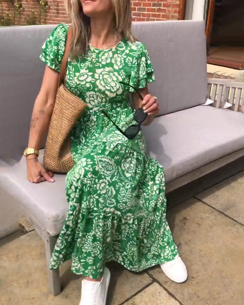 Robe longue à manches courtes imprimée de fleurs