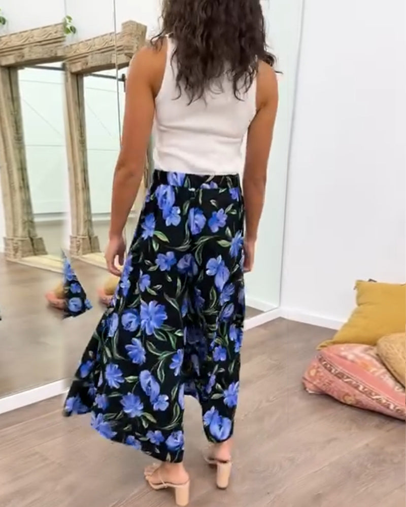 Pantalon large taille haute à imprimé floral