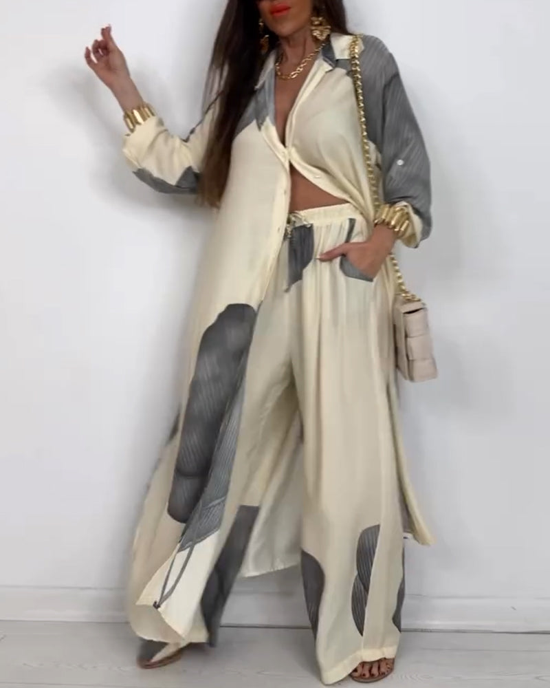 Costume Col Bouton Bloc de Couleur Pantalon Rayé Droit