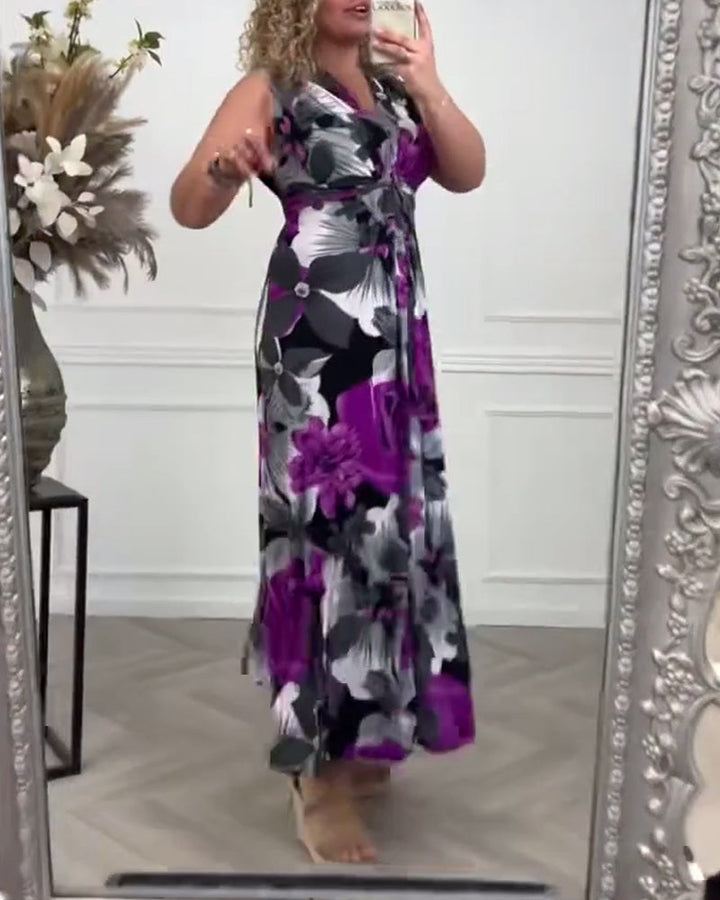 Robe élégante plissée sans manches à imprimé floral