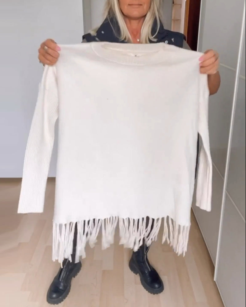 Sweter z frędzlami w jednolitym kolorze