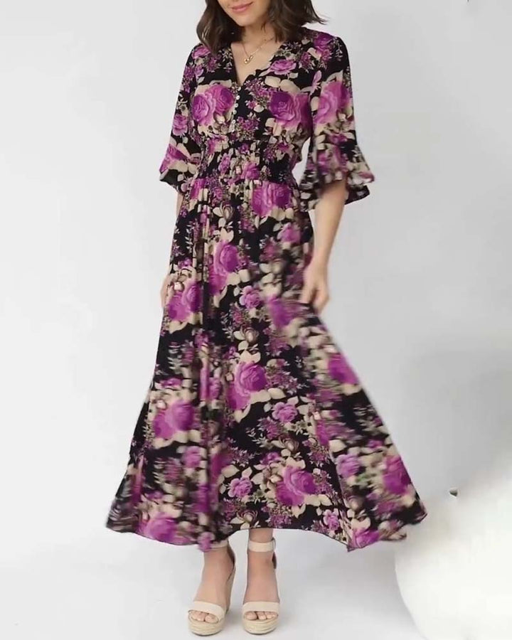 Robe longue à col en V à imprimé floral