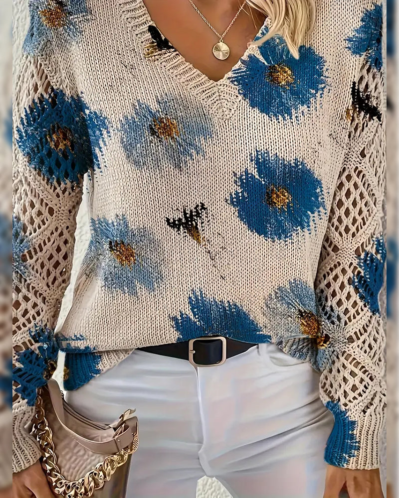 Pull Manches Longues Col En V Jacquard
