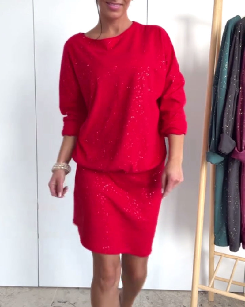 Robe Col Rond Paillettes Fines À La Mode